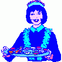 graphic of a waitress in a blue uniform carrying a tray of appetizers