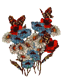 graphic of red, white and blue flowers with two animated butterflies