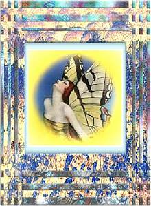 graphic of a woman with butterfly wings in a multi-colored frame