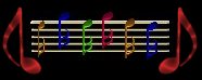 graphic of a musical staff featuring multi-colored notes