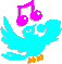 graphic of blue singing bird with magenta microphone