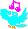 graphic of blue singing bird with magenta mircrophone